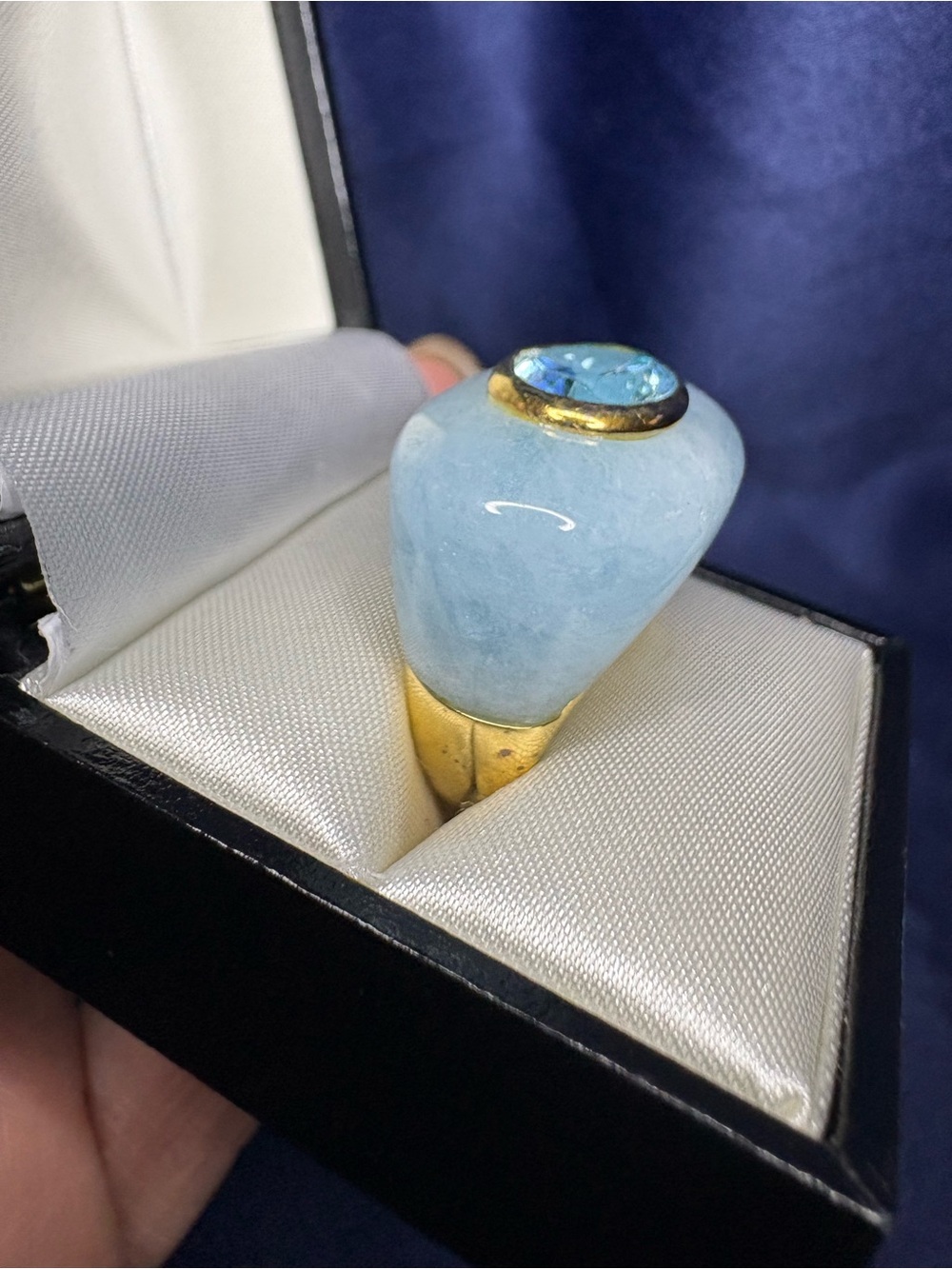 Ring Blue Amazonite Cabochon Blue Topaz Gold Vermeil Sterling Silver - Picture 3 of 10